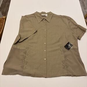 Sherry Taylor Womens 4X Khaki Ramie Rayon Embroidered Button Shirt NWT